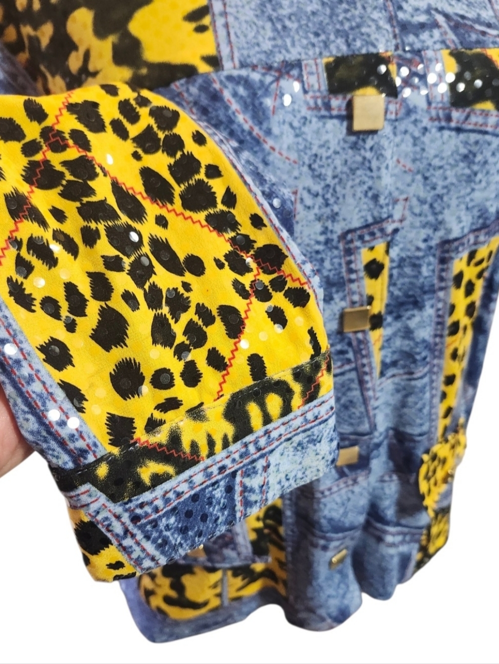 Joseph Ribkoff Bold Yellow Leopard & Denim Print Snap Button Top - Picture 5 of 12